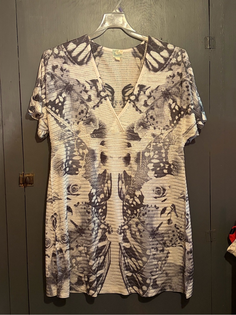 V-Neck Butterfly Motif Swim Coverup - Beige & Black